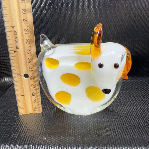 Pier 1 Art Glass Puppy Dog Figurine Paperweight White With Amber Dots Figure VTG - Picture 2 of 11